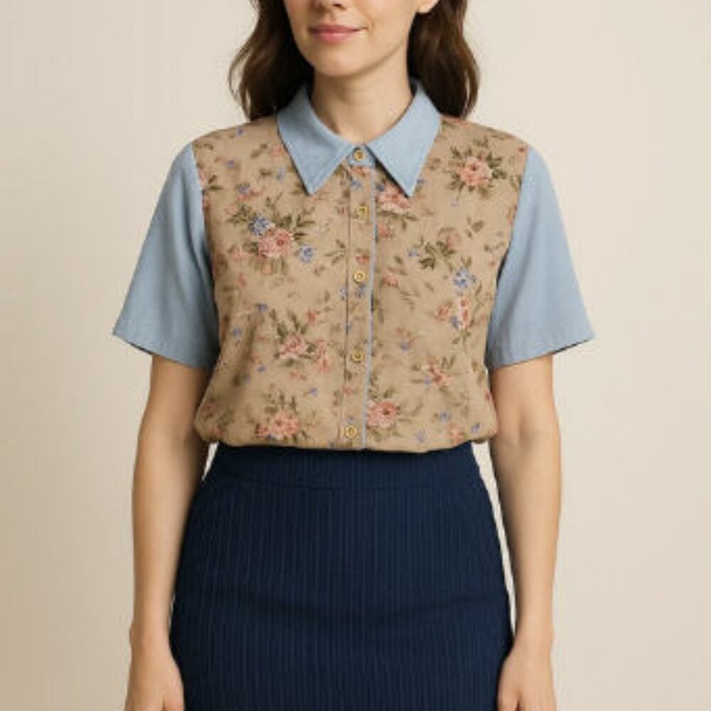 Chic and Vintage-Inspired Floral Top and Blue Ribbed Skirt Set